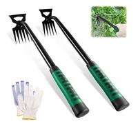 Klerbesh Lot de 2 Outil de Désherbage, Désherbeurs 5 et 6 Dents, Extracteur de Mauvaises Herbes en Acier Inoxydable, Outil de Jardinage Manuel avec Gants de Protection, Arrache Racine (2 Pcs)