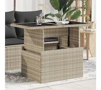 KLGBNCVE Table de jardin réglable avec plateau en verre gris clair 100 x 55 x 73 cm en poly rotin, convertible de table basse à table de salle à manger, cadre robuste en acier revêtu par pulvérisation