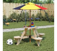 KLGBNCVE Table de pique-nique pour 4 enfants avec parasol en bois de sapin massif, table 2 en 1 avec chaises pour jardin et terrasse, table stable pour enfant avec parasol rond en polyester