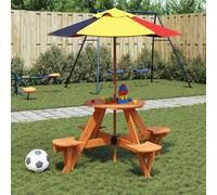 KLGBNCVE Table de pique-nique ronde avec parasol en bois de sapin massif pour terrasse et jardin, table 2 en 1 avec chaises pour enfants, table de pique-nique stable avec protection solaire en