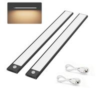 Klighten 2 Pcs 40cm Lampe de Placard Sans Fil, Lampe Cuisine sous Meuble avec Detecteur Mouvement, 3 Modes, Reglette LED Magnétique Rechargeable USB, 2200mAh, 73 LEDs, Blanc chaud 3000K, Noir