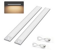 Klighten 2 Pcs 40cm Lampe de Placard Sans Fil, Lampe Cuisine sous Meuble avec Detecteur Mouvement, 3 Modes, Reglette LED Magnétique Rechargeable USB, 2200mAh, 73 LEDs, Blanc chaud 3000K, Argent