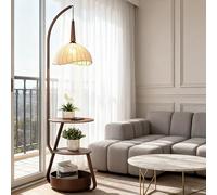 KlkrzJwy Lampadaire En Bois Wabi-sabi 65" En Tissu Avec Plateau En Bois À Trois Couches Lampe Sur Pied En Lin E27 À Intensité Variable Pour Salon, Chambre À Coucher, Bureau