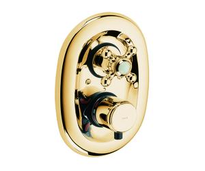KLUDI 1926 Mitigeur thermostatique encastré, poignée croisillon, blocage eau chaude 40°C, avec robinet d'arrêt, 517204520, Couleur: Plaqué or