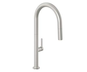 KLUDI Aurea Robinet de cuisine (acier inoxydable brossé) - Pivotant à 360 degrés - Mitigeur d'évier à une main avec tuyau extensible et douchette avec bouton de commutation - 2 modes - Robinet de