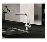 Kludi Steel mélangeur de cuisine à levier unique robinet 45851F877 bec orientable sur 180 degrés, levier de traction sur le côté, en acier inoxydable brossé