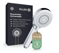 KLUDI-X1 Douchette anti calcaire avec 3 types de jets, douchette économisant l'eau en option (standard 15l/m, option 9 l/min), douchette à main (Ø10,7 cm), chromé