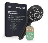 KLUDI-X1 Douchette universale 1 jet, anti calcaire facile à nettoyer, douchette économisant l'eau en option (standard 15 l/m, option 9 l/min), douchette à main (Ø10,7 cm), noir mat