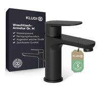 KLUDI - X1 robinet de lavabo avec bonde à tirette, hauteur de bec 95 mm, robinet de salle de bain économiseur d'eau noir mat taille M, cartouche en céramique, mitigeur lavabo avec tuyaux de
