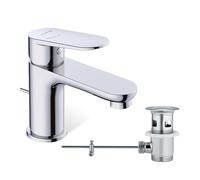 KLUDI - X1 robinet de lavabo chromé avec vidage à tirette, robinet de salle de bain économiseur d'eau taille S, hauteur de bec 75 mm, cartouche en céramique, mitigeur lavabo avec tuyaux de