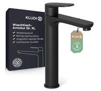 KLUDI - X1 robinet de lavabo, hauteur de bec 210 mm, robinet économiseur d'eau salle de bain, noir mat, taille XL, cartouche en céramique, mitigeur lavabo avec tuyaux de raccordement