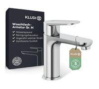 KLUDI - X1 robinet de lavabo, hauteur de bec 95 mm, robinet économiseur d'eau de salle de bain taille M, cartouche en céramique, mitigeur lavabo avec tuyaux de raccordement en chrome