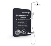 KLUDI-X3 Colonne de douche thermostatique, douche pluie (Ø 20 cm), set complet comprenant mitigeur douche, flexible de douche, barre, douchette à main à angle réglable et 3 types de jets, chromé