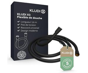 KLUDI-X3 Flexible de douche universel 1,60 m, facile à nettoyer, flexible avec double protection anti-torsion, flexible douce résistant aux plis avec raccord standard G1/2, noir mat