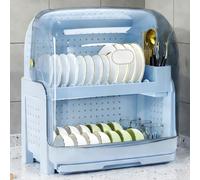 KLWQR Egoutoire Vaisselle Cuisine, 2 Niveaux en Plastique, Egouttoir Vaisselle sur Evier avec Couvercle Rabattable Transparent et Compartiments de Rangement(Blue)