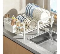KLWQR Egouttoir Vaisselle sur Evier en Acier Inoxydable, Egoutoire Vaisselle Cuisine Extensible pour Plan de Travail de Cuisine avec Système de Drainage Rotatif(White)