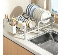 KLWQR Egouttoir Vaisselle sur Evier en Acier Inoxydable, Egoutoire Vaisselle Cuisine Extensible pour Plan de Travail de Cuisine avec Système de Drainage Rotatif(Silver)