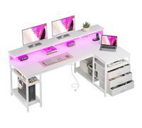 Klyvvo 140x80cm Forme L Bureau Gaming avec Rangement 3 Tiroirs,Support de moniteu,LED,Prise USB intégrée et Prise de Courant,Réversible Bureau avec Crochet pour casque pour Homeoffice und Gaming,Blanc
