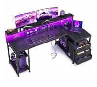 Klyvvo 140x80cm Forme L Bureau Gaming avec Rangement 3 Tiroirs,Support de moniteu,LED,Prise USB intégrée et Prise de Courant, Réversible Bureau avec Crochet pour casque pour Homeoffice und Gaming,Noir