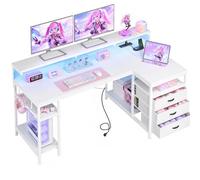 Klyvvo 160x80cm Forme L Bureau Gaming avec Rangement 3 Tiroirs,Support de moniteu,LED,Prise USB intégrée et Prise de Courant,Réversible Bureau avec Crochet pour casque pour Homeoffice und Gaming,Blanc