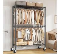 Klyvvo 90*40*200 Portant à Vêtement Double Barre avec Plateaux Réglables en Hauteur, Penderie Vêtement Dressing Charge Lourde 150kg, Portant Vêtement Solide à Roulettes, pour Présentation et Rangement