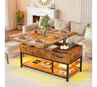 Klyvvo Table Basse à LED RGB Contrôle par APP avec Plateau Relevable, Tiroirs de Rangement, avec Rangement Ouvert et Compartiment Caché, Prises USB et Secteur, pour Salon, Bureau,Marron
