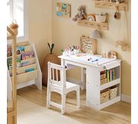 KMB60 Table et chaise pour enfant, set de 2 pièces avec autocollants, bureau DIY avec 3 porte-stylos, blanc