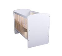 KMbaby Lit Bébé K2 Blanc Jaune 120 x 60 cm avec Sommier À Lattes - Lit Bébé 3 Niveaux Réglable en Hauteur - Bois de Pin Laqué et MDF