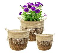 KMERCE 3Pcs Caches Pot Fleur en Osier, Panier à Plantes d'Intérieur, Pots de Fleurs Jardin décoratif en jonc de mer Seagrass avec Doublure Plastique Étanche et Poignées, Panier de Rangement
