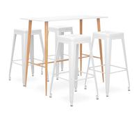 KMUNGDWG Ensemble de bar 5 pièces blanc avec table de comptoir moderne et tabourets de bar en métal laqué, plateau en MDF, pieds métalliques aspect bois, barre transversale renforcée pour plus de
