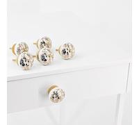 Knober Lot de 6 boutons de tiroir - Céramique - Décorés en filigrane - Blanc doré - Monture dorée - Design 11