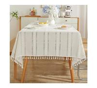 KnSam Nappe, 140x180CM, Broderie Rayure à Franges Beige Blanc, Polyester, Nappe Anti-Taches