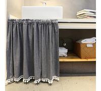 KnSam Petit Rideau Fenetre Tissu en Coton à Passant 130x150cm, Rideau Occultant Motif Rayures à Pompons Gris Bleu Style Scandinave 1pcs