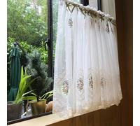 KnSam Rideau Court Voilage Gaze à Passant Broderie Rose avec Nœud Papillon Blanc, Rideau Porte Entrée Armoire Style Français 150x93cm 1pcs
