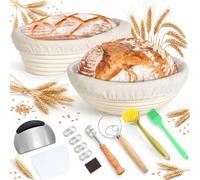 Kobete Banneton Pour Pain, Banneton À Pain Rond de 23 cm et Ovale de 25 cm | Kit De Panification en Rotin Naturel Comprenant Fouet, Spatule À Pâte et Pinceau en Silicone