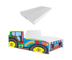 KOBI Enfant Tracteur Multicolore Car Auto | 80 x 160 cm | Thème Ferme Agro | Enfants Garcon Fille | avec Sommier et Matelas | Cabane avec Barriere