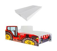 KOBI Enfant Tracteur Rouge Car Auto | 70 x 140 cm | Thème Ferme Agro | Enfants Garcon Fille | avec Sommier et Matelas | Cabane avec Barriere