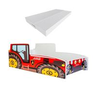 KOBI Enfant Tracteur Rouge Car Auto | 80 x 160 cm | Thème Ferme Agro | Enfants Garcon Fille | avec Sommier et Matelas | Cabane avec Barriere
