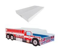 KOBI Enfant Voiture Véhicule Auto | Camion de Pompiers | 80 x 160 cm | Enfants Garçon Fille | avec Sommier et Matelas | Cabane avec Barrière