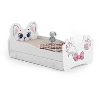 KOBI Lit Enfant Chat Blanc | avec Rangement é Tiroir | 140x70 cm | Lit Petite Fille Lits pour Enfants | avec Un Matelas et Un Cadre | la Chambre Bebe | Lit Simple avec Barriere