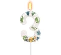 Koboko Bougie d'anniversaire numéro 3 sur le thème des animaux de la jungle, blanche, avec feuilles tropicales et animaux de safari