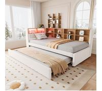 KoDise Lit adulte 90x190/200 cm Canapé-lit avec lit gigogne et étagère - prise USB et LED - Peluche beige