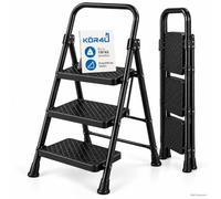 kör4u Escabeau 3 marches - Charge maximale : 150 kg, Pliable et Peu encombrant, escabeau Domestique Stable, marches antidérapantes, Cadre en Acier, Noir