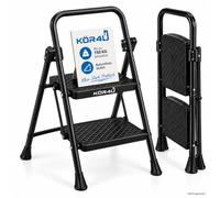 kör4u Escabeau à 2 marches, charge maximale jusqu'à 150 kg, pliant et peu encombrant, escabeau domestique stable, marches antidérapantes, cadre en acier, noir