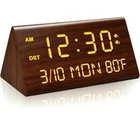 Kogonee Réveil numérique en bois, variateur d'intensité 0-100%, 2 alarmes, mode semaine/quotidien, répétition 9 min, affichage température et date pour bureau/voyage