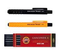 KOH-I-NOOR Mephisto 5301 - Porte-mine sans taille-crayon, ensemble de 3, force 5.6 mm - orange et noir et emballage mixte de 6 mines en graphit 2B, 4B, 6B