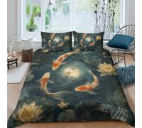 Koi Fish Moon Housse de Couette 3 Pieces 3D, Aquatic Creature Motif