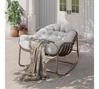 Koioplie Fauteuil à Bascule Papasan surdimensionné en rotin - Chaise œuf avec Coussin épais - Cadre métal Robuste + Base en Bois - Patio/Balcon/Porche/Salon - Couleur: Marron + Tissu écru