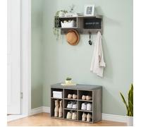 Koioplie Meuble d'entrée 6-en-1 avec banc range-chaussures et porte-manteau mural 5 crochets 9 casiers tableau gris