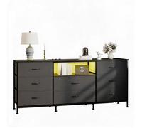 KOIOPLIE Meuble TV LED 160 cm avec 8 tiroirs en tissu, buffet rangement pour TV 65-75 pouces, cadre acier, prise AC/USB Gris